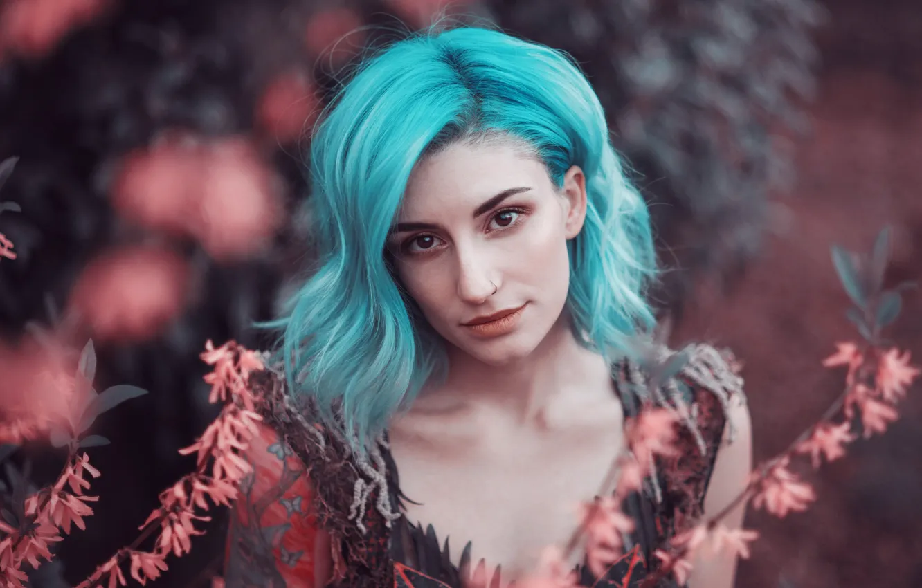 Photo wallpaper girl, smile, hair, portrait, turquoise