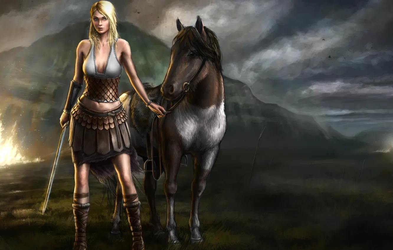 Photo wallpaper look, girl, weapons, fiction, animal, horse, sword, art