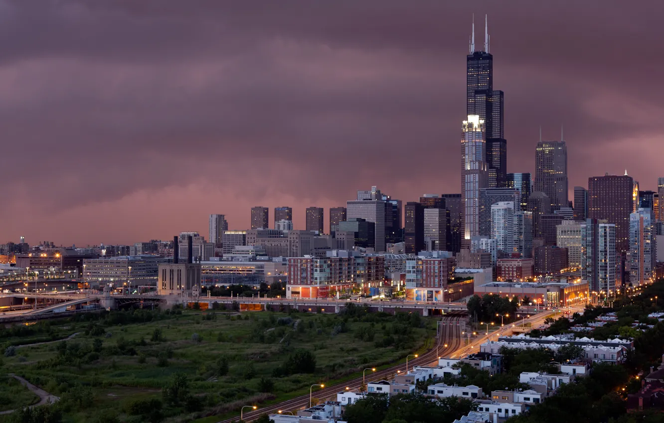 Photo wallpaper greens, the sky, grass, light, trees, clouds, storm, city