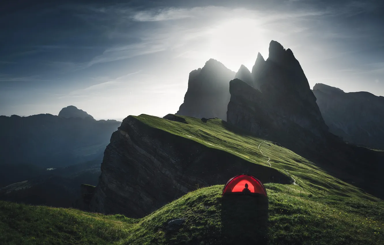 Photo wallpaper light, mountains, tent