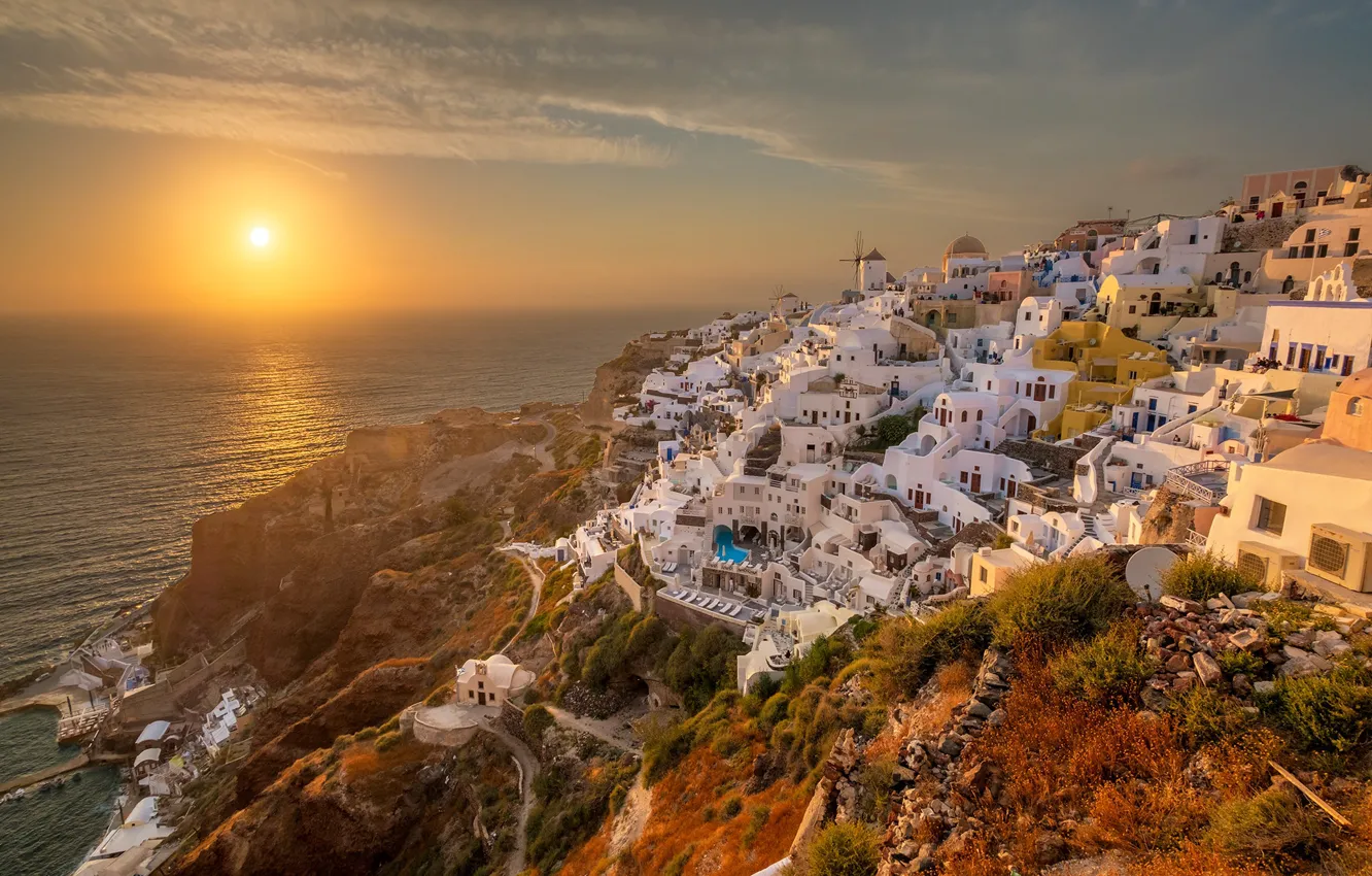 Photo wallpaper the sun, sunset, Greece, the island of Santorini