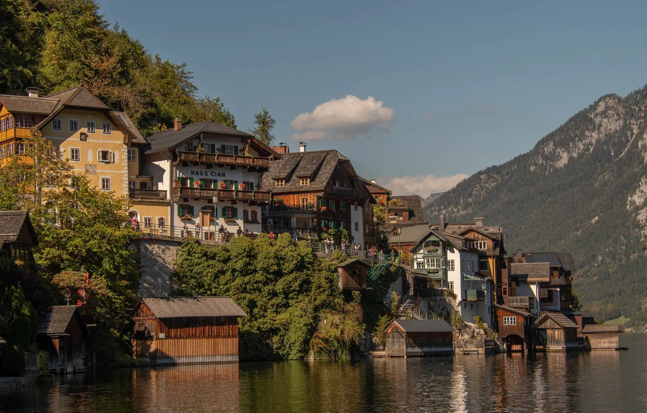 Photo wallpaper water, mountains, lake, home, Austria, Austria, Hallstatt, Lake Hallstatt