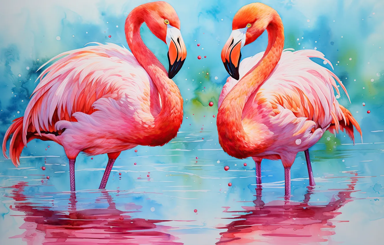Photo wallpaper water, reflection, bird, pair, painting, Flamingo, pond, blue background