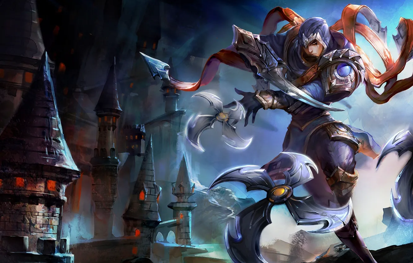 Photo wallpaper castle, tower, armor, tape, blade, assassin, League of Legends, LoL