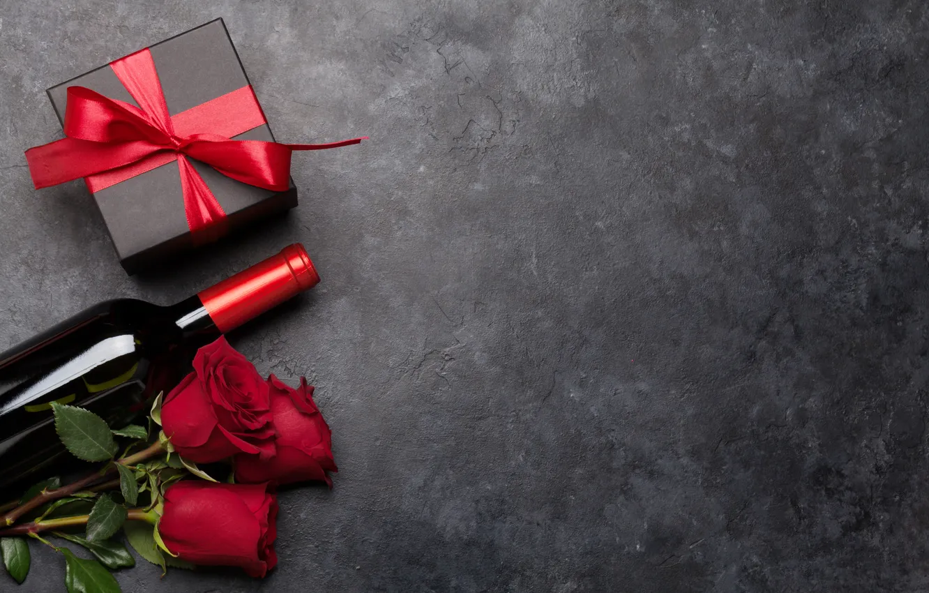Photo wallpaper love, flowers, gift, wine, romance, bottle, roses, petals