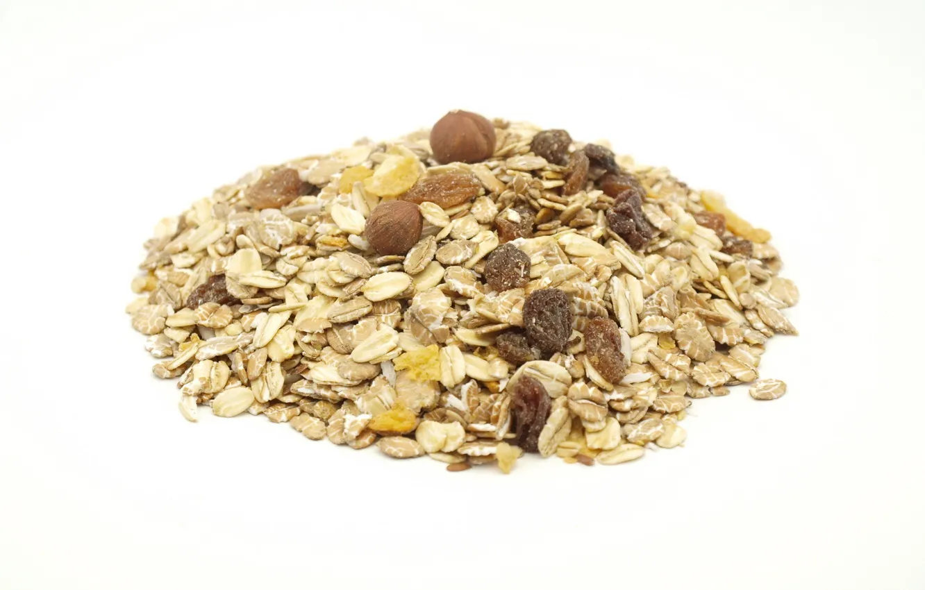 Photo wallpaper white background, hazelnuts, raisins, muesli