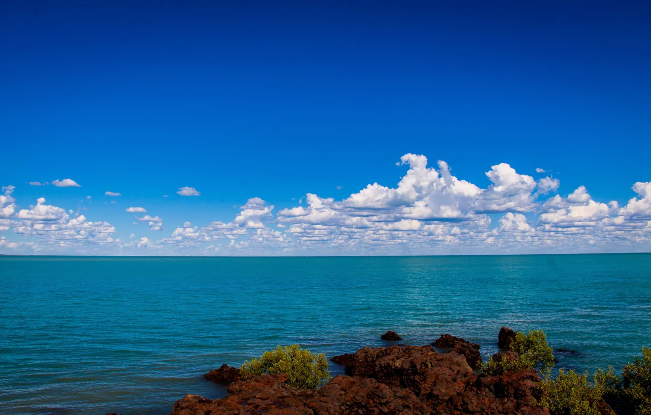 Photo wallpaper sea, the sky, clouds, shore, horizon, rocky