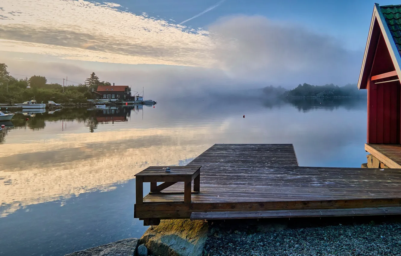 Photo wallpaper fog, lake, boats, morning, pier, Norway, house, Norway