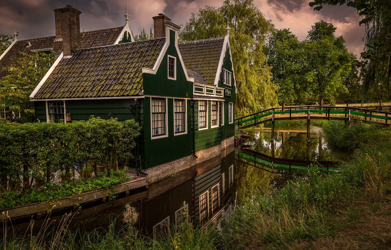 Photo wallpaper home, reflection, shore, channel, house, the bridge, nature, trees