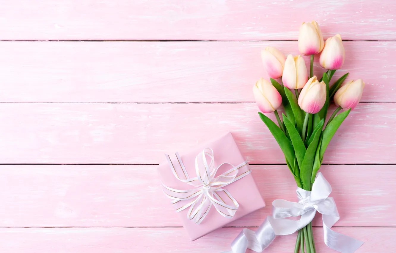 Photo wallpaper background, pink, gift, bouquet, tulips, Siam Pukkato