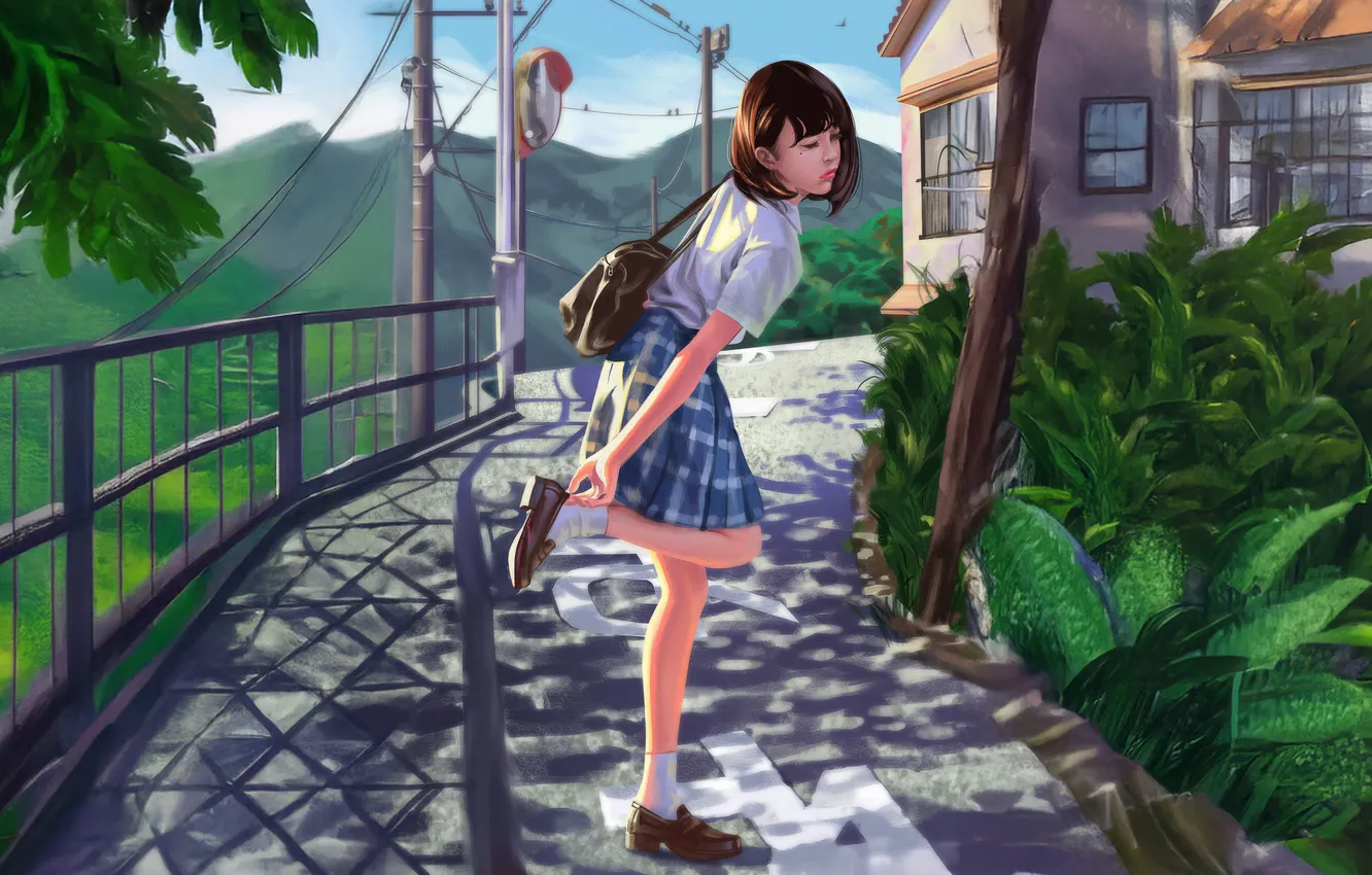 Photo wallpaper skirt, home, track, schoolgirl, school, Morning Rush, He adjusts his shoes, A School Day Begins