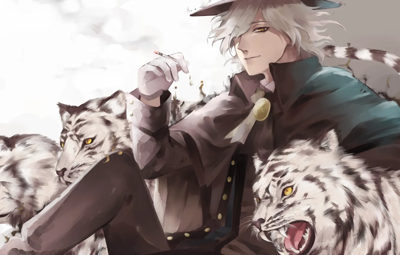 Photo wallpaper animals, look, hat, art, guy, tigers, Fate/Grand Order, Fate/Grand Campaign