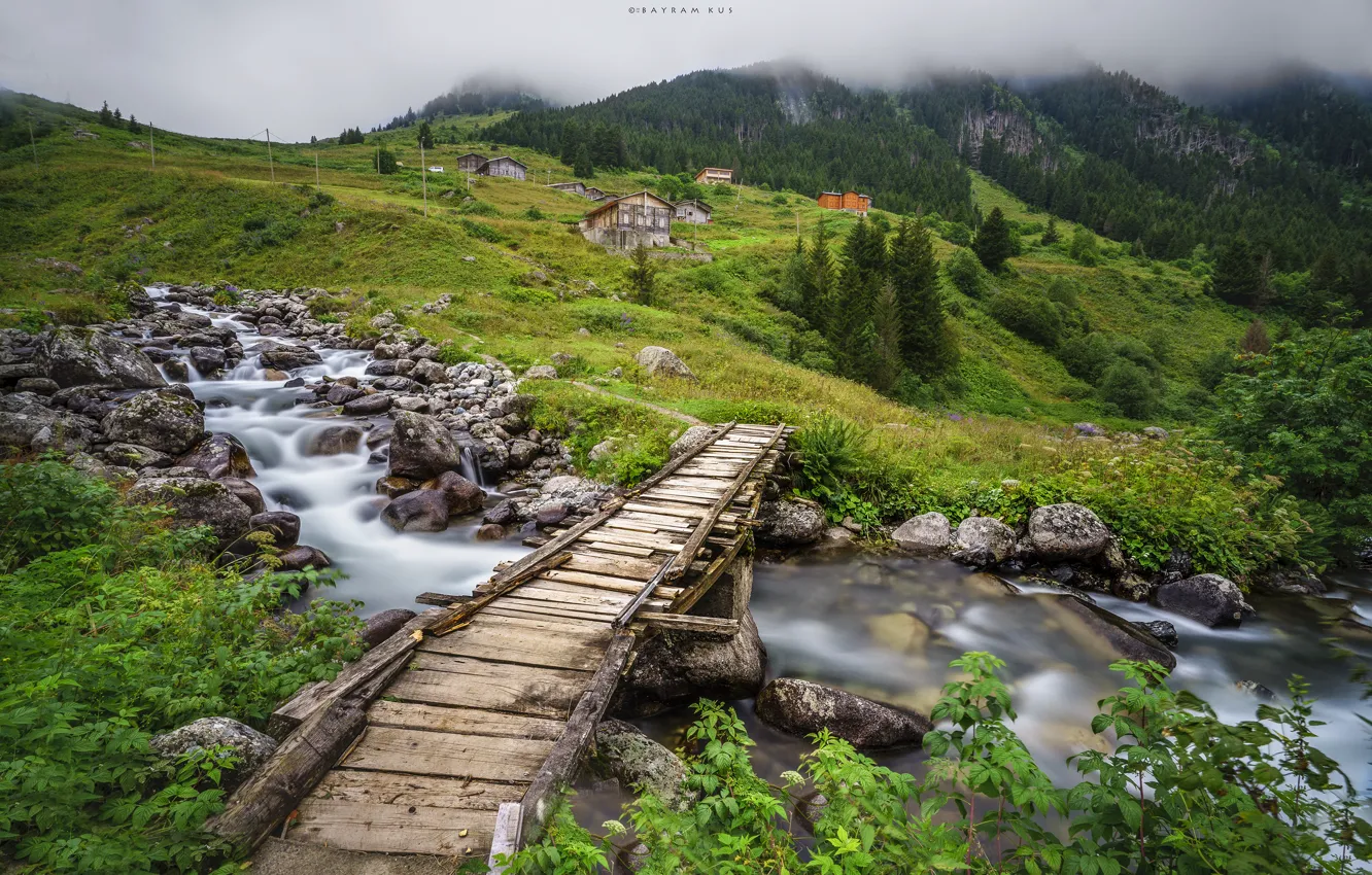 Photo wallpaper landscape, mountains, bridge, nature, stream, stones, the bushes, Turkey