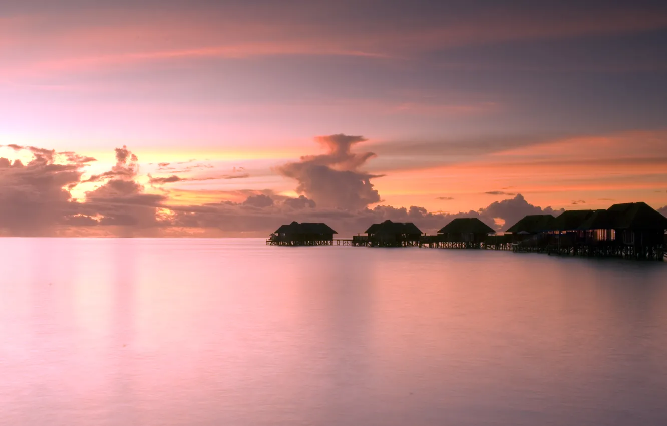 Photo wallpaper sunset, the ocean, the evening, resort, Bungalow