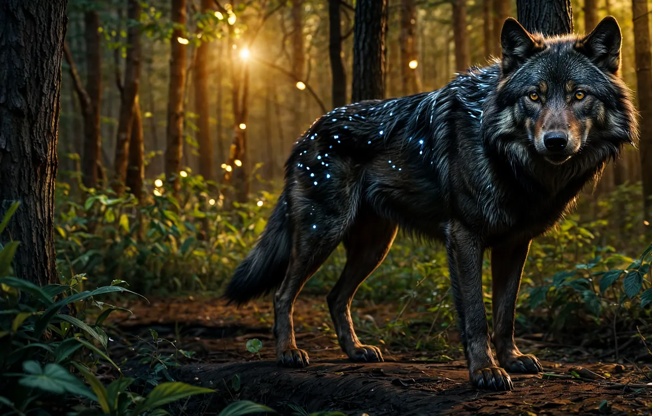 Photo wallpaper forest, night, Fireflies, AI Art