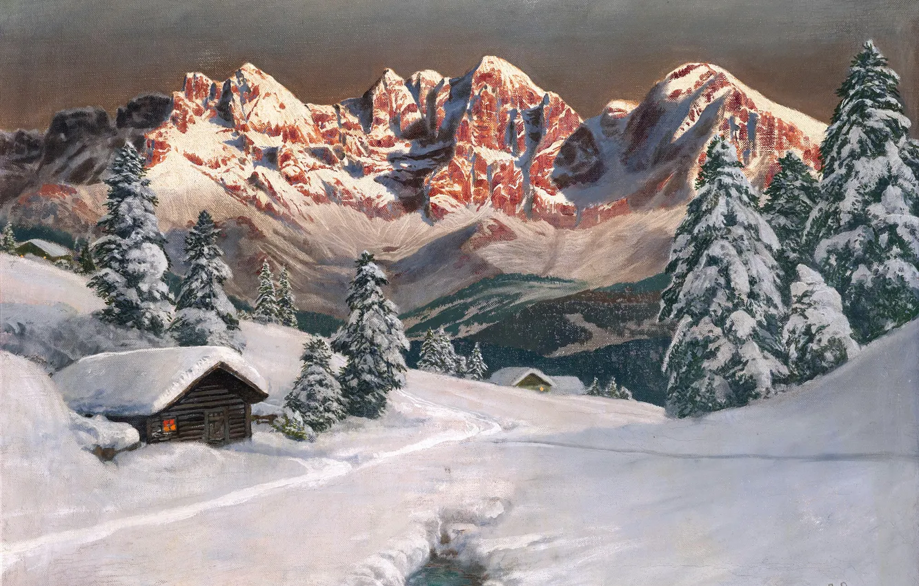 Photo wallpaper winter, snow, trees, mountains, picture, Alois Arnegger, Austrian painter, Alois Arnegger