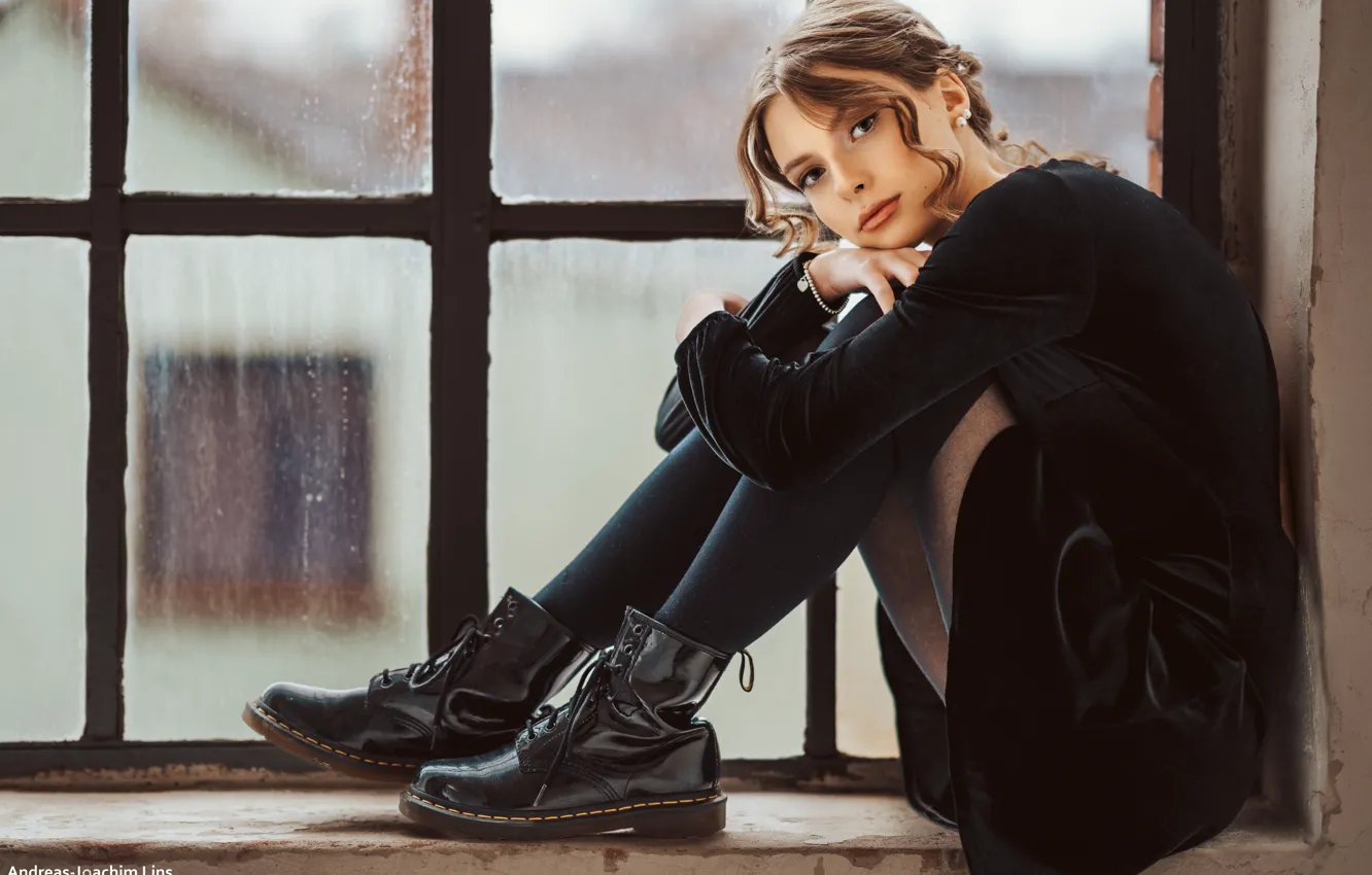 Photo wallpaper look, girl, pose, feet, shoes, dress, window, on the windowsill