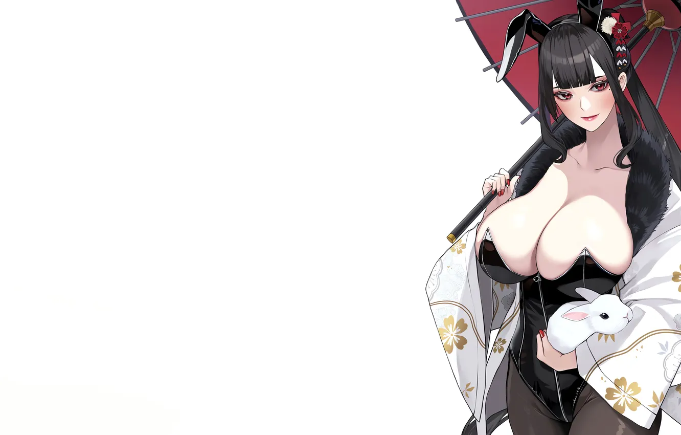 Photo wallpaper girl, sexy, cleavage, long hair, boobs, umbrella, anime, beautiful