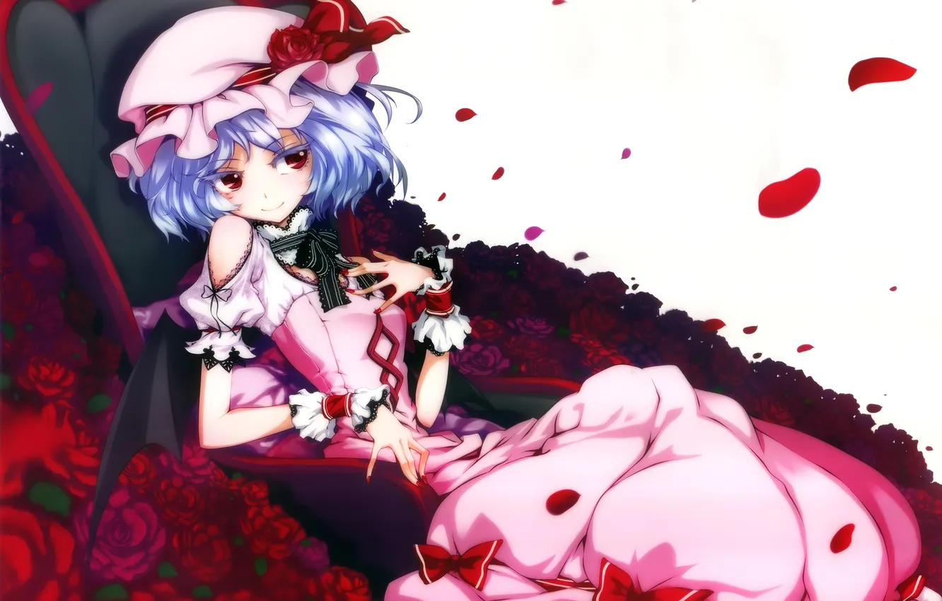 Photo wallpaper look, girl, smile, roses, chair, gesture, touhou, art