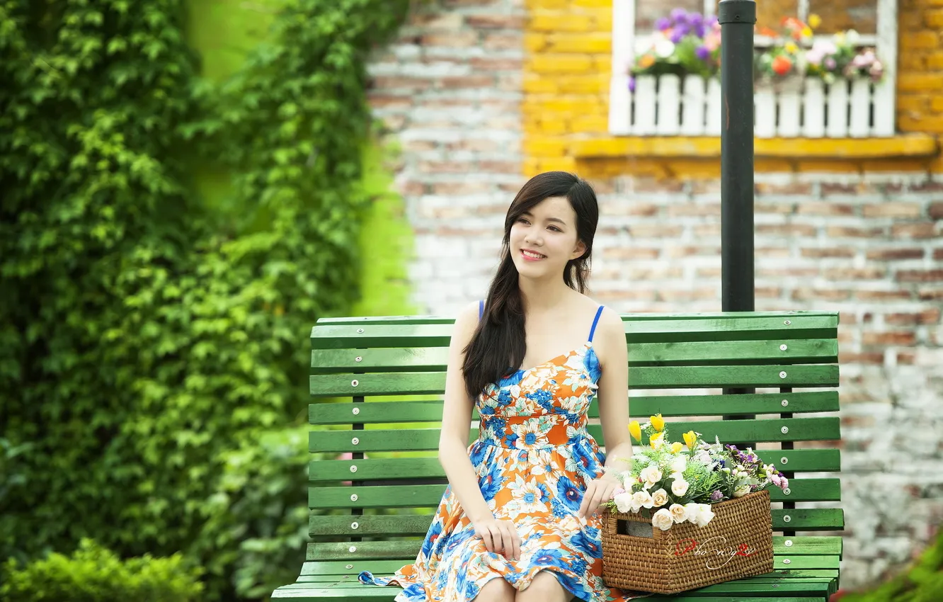 Photo wallpaper girl, flowers, mood, bench