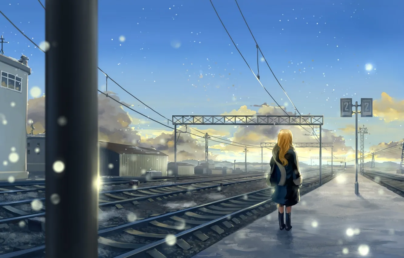 Photo wallpaper winter, girl, snow, the platform