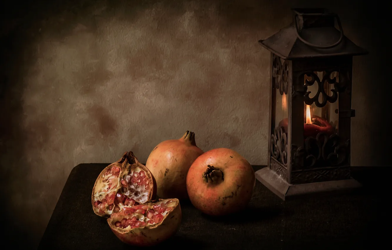 Photo wallpaper flame, candle, lamp, still life, the fruit, garnet