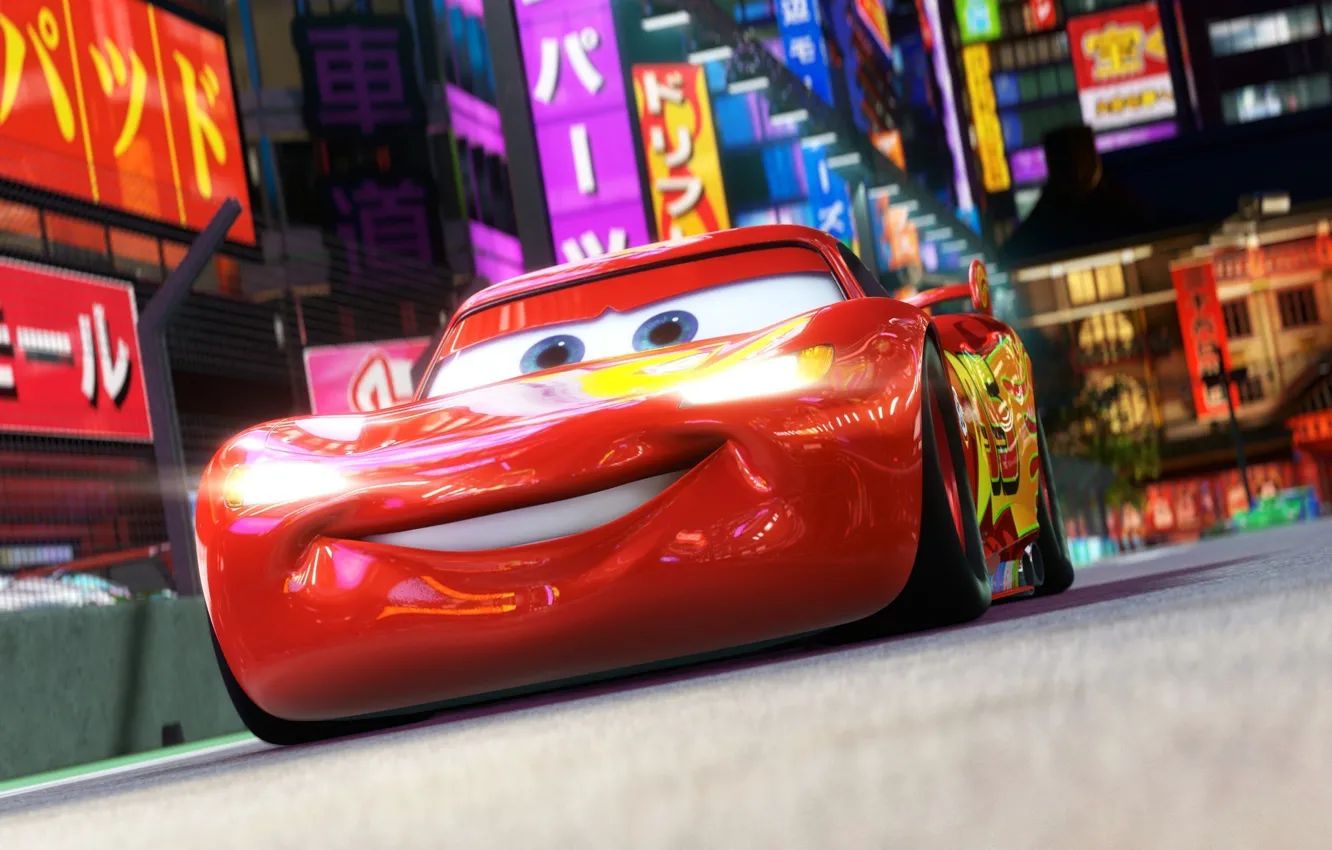Photo wallpaper Tokyo, Pixar, cars, cars 2, animated film, Owen Wilson, kanji, animated movie