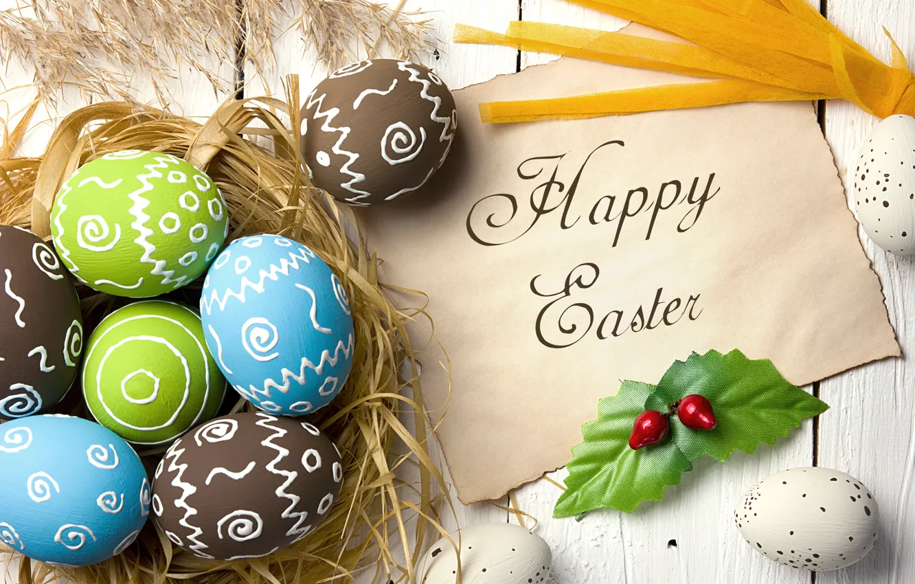 Photo wallpaper colorful, Easter, wood, spring, Easter, eggs, decoration, Happy