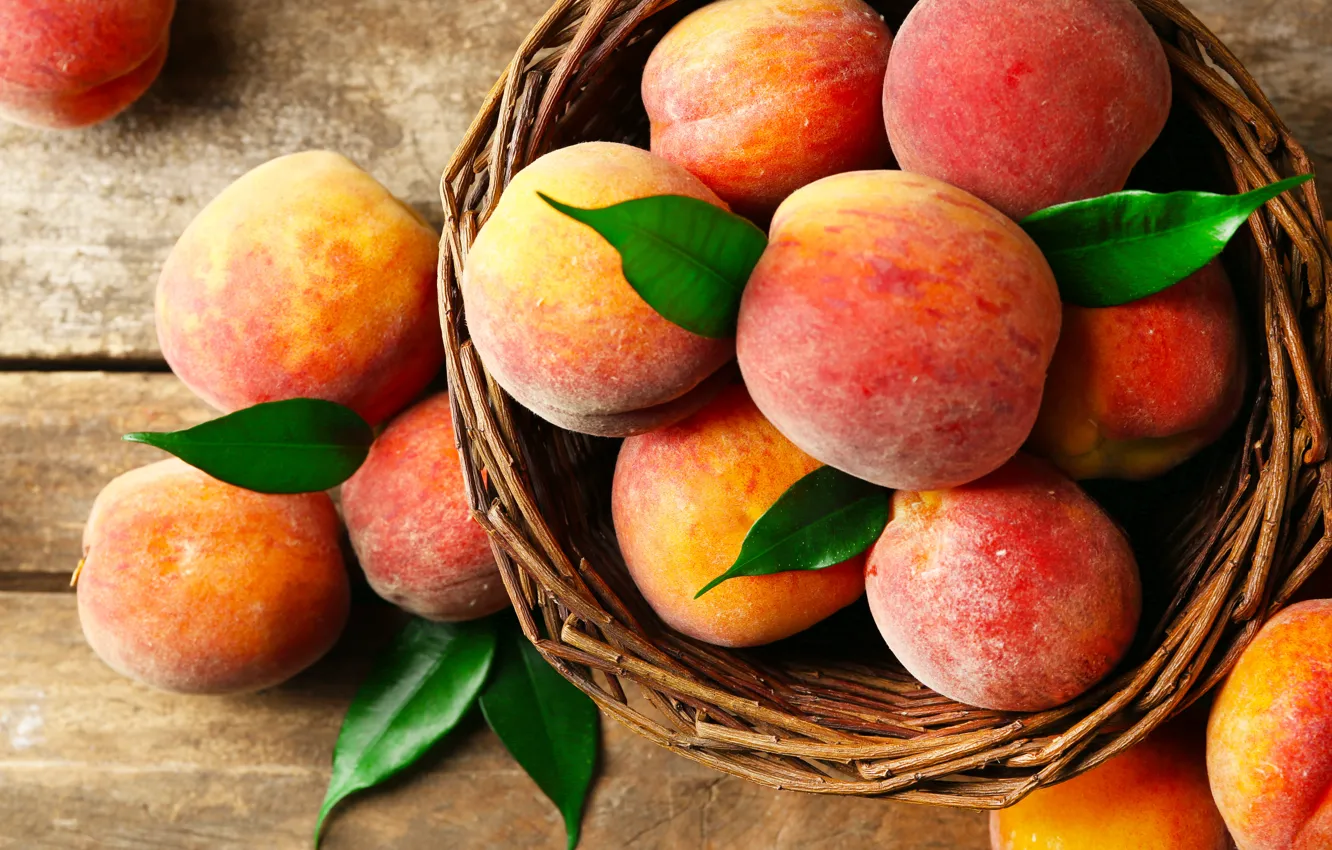 Photo wallpaper leaves, basket, fruit, peaches