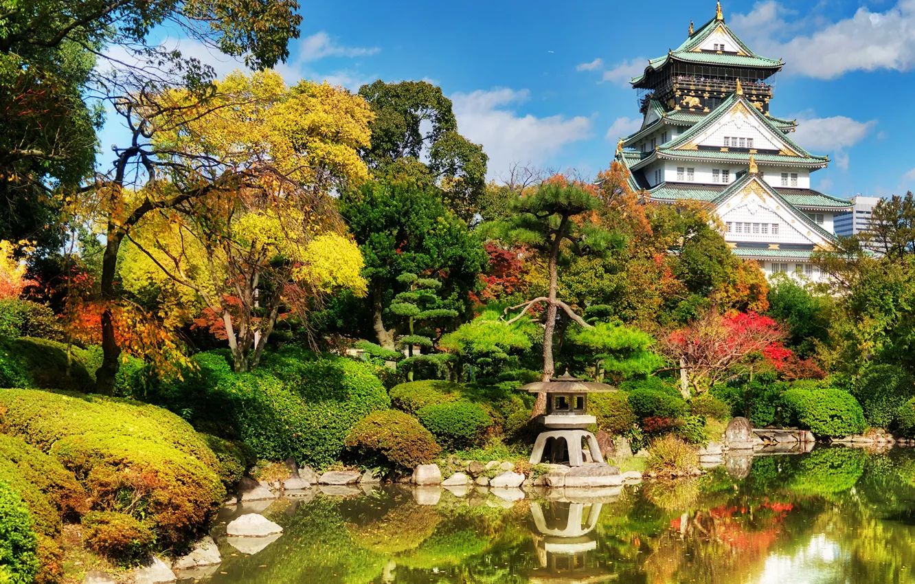 Photo wallpaper greens, the sky, the sun, trees, pond, Park, stones, castle