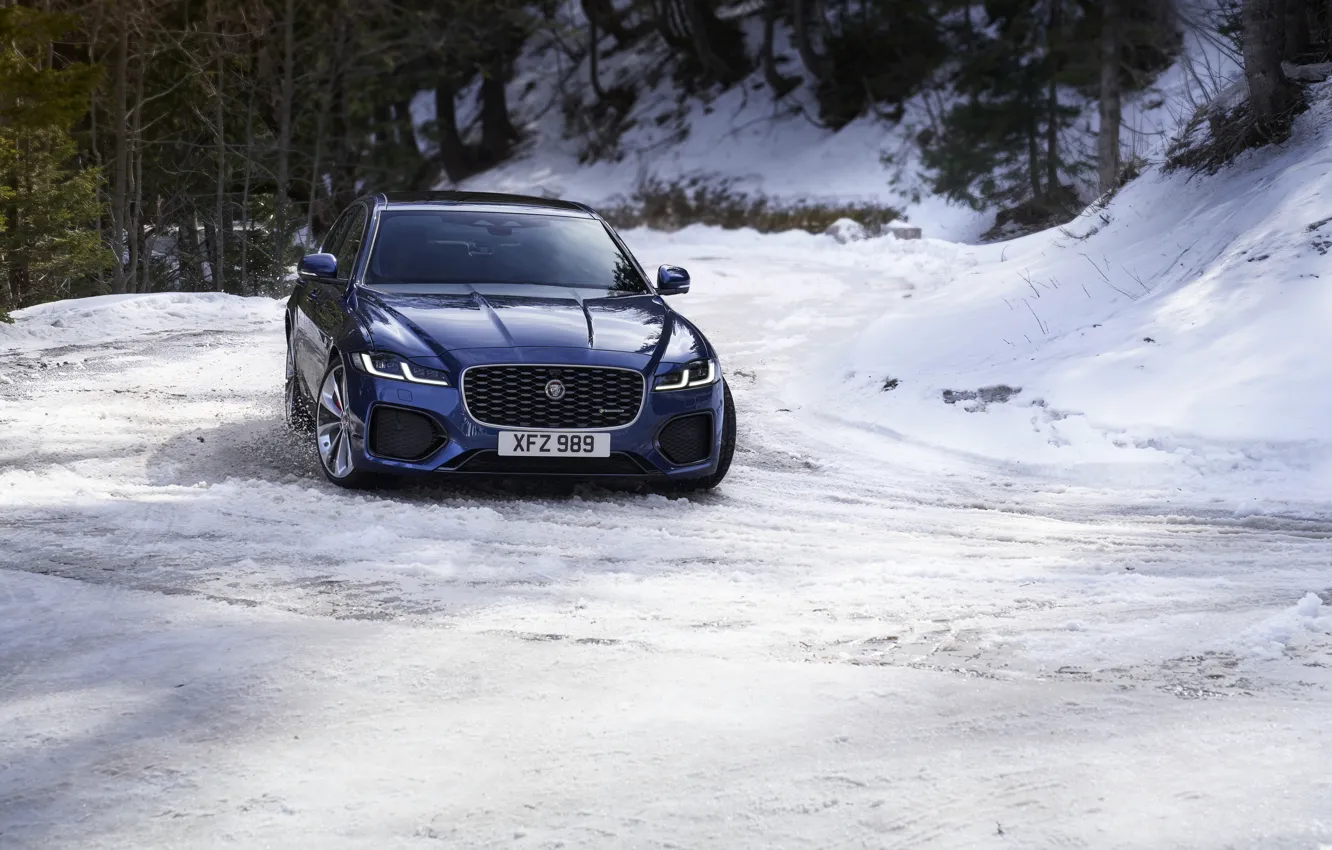 Photo wallpaper snow, blue, Jaguar, turn, sedan, AWD, Jaguar XF, 2020