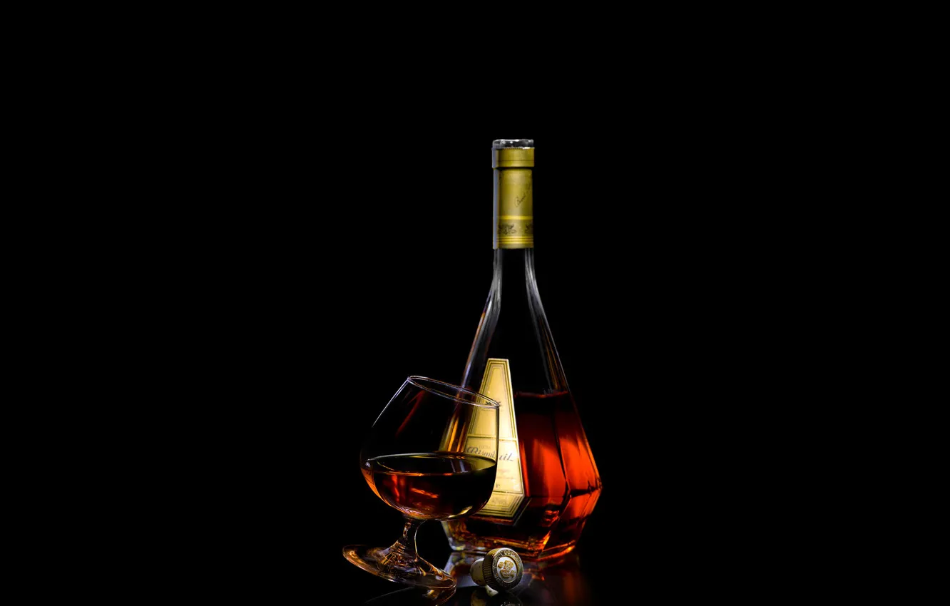 Photo wallpaper glass, bottle, tube, black background, cognac