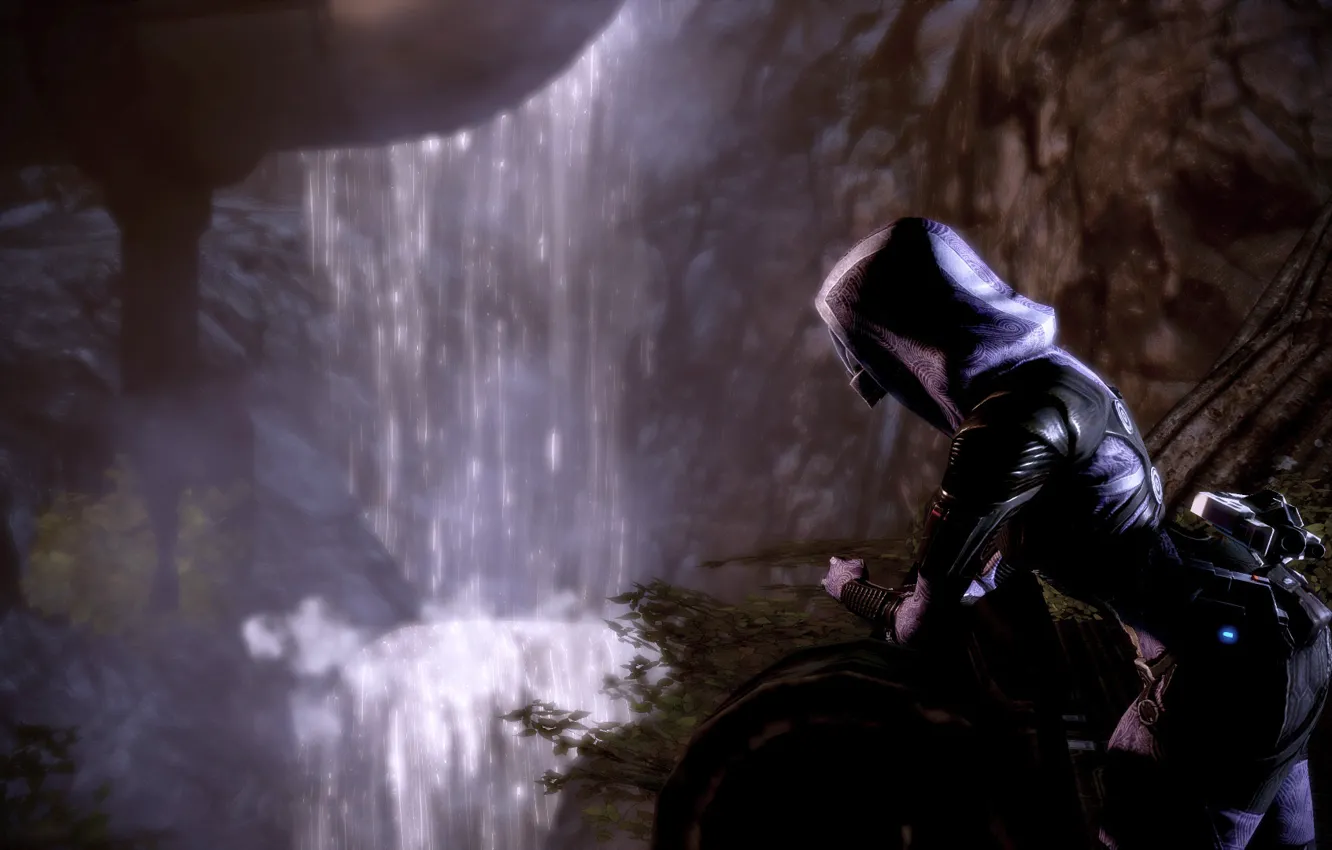 Photo wallpaper grass, mountains, waterfall, Mass Effect 2.Тали