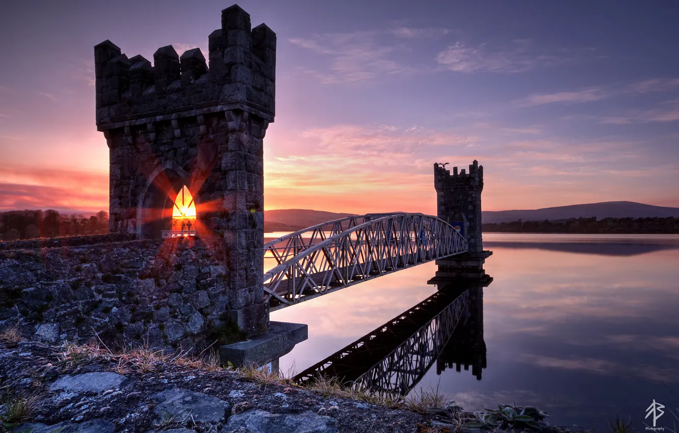 Photo wallpaper the sun, rays, light, sunset, bridge, lake, the evening, fortress