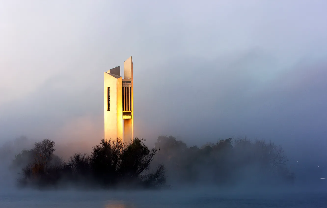Photo wallpaper fog, morning, Australia, Canberra, National Carillon, island aspen, mechanical musical instrument