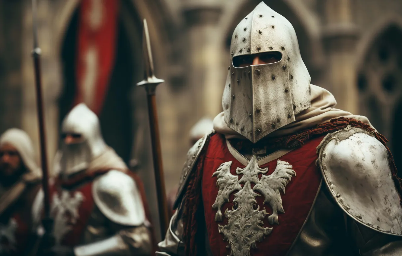 Photo wallpaper armor, helmet, spear, knight, the middle ages, digital art, AI art, The Art of Artificial …