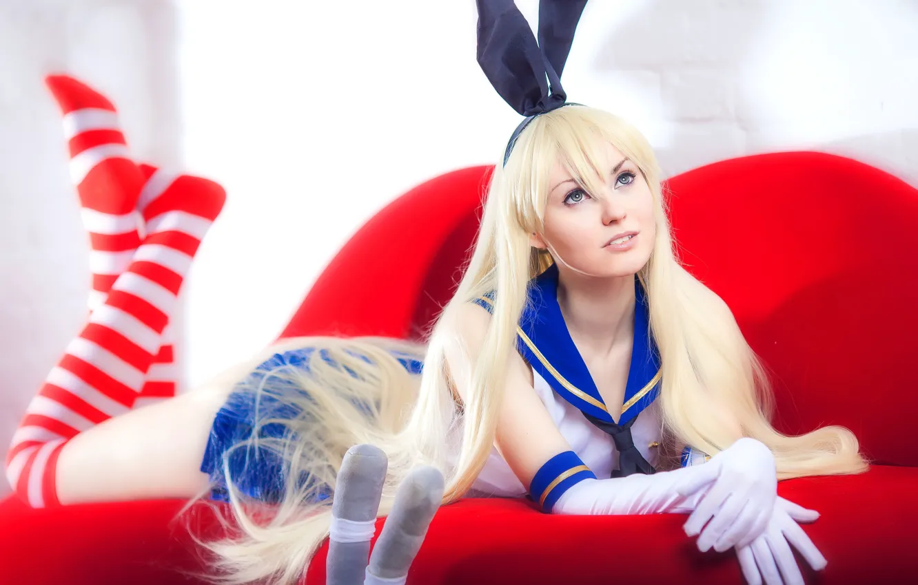 Photo wallpaper girl, pretty, cosplay, blonde, sofa, uniform, seifuku, rabbit ears