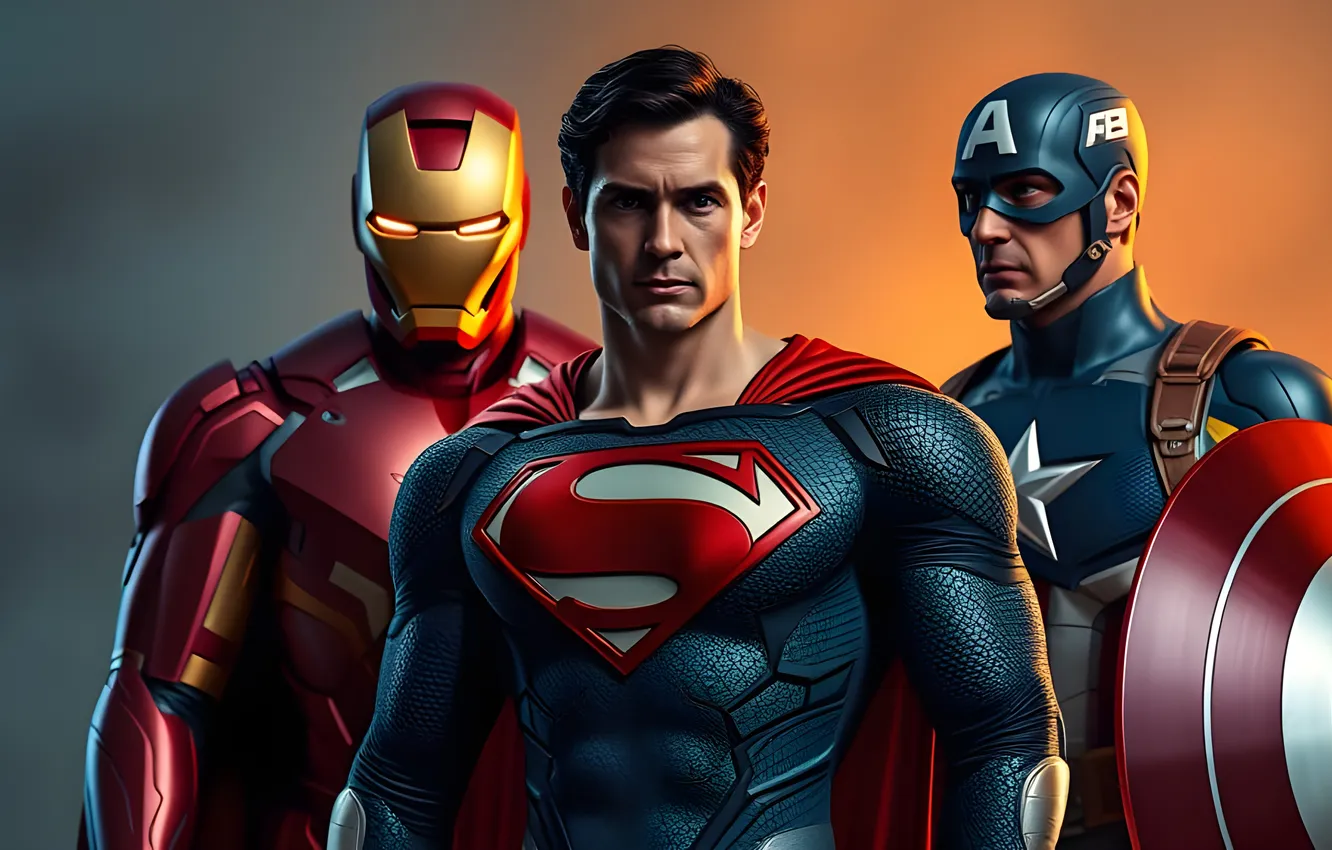 Photo wallpaper man, ironman, AI Art, Superman, Captain America