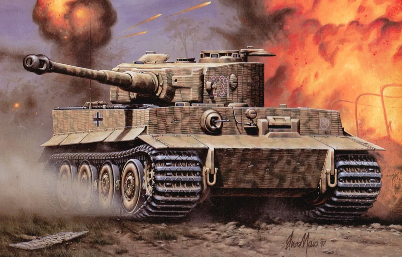 Photo wallpaper tiger, fire, war, Wallpaper, tank, the battle, armor