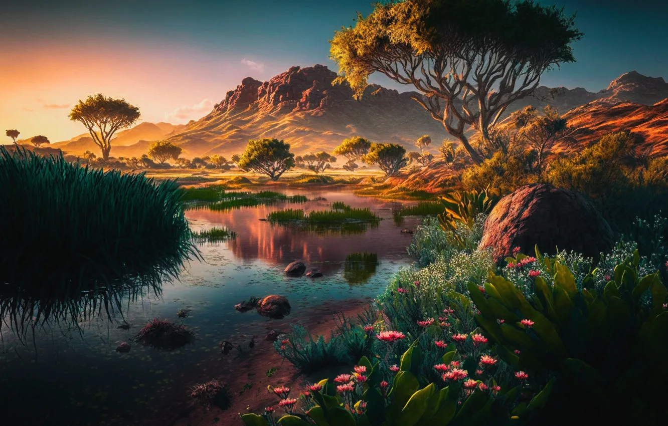 Photo wallpaper forest, trees, landscape, flowers, mountains, nature, stones, shore