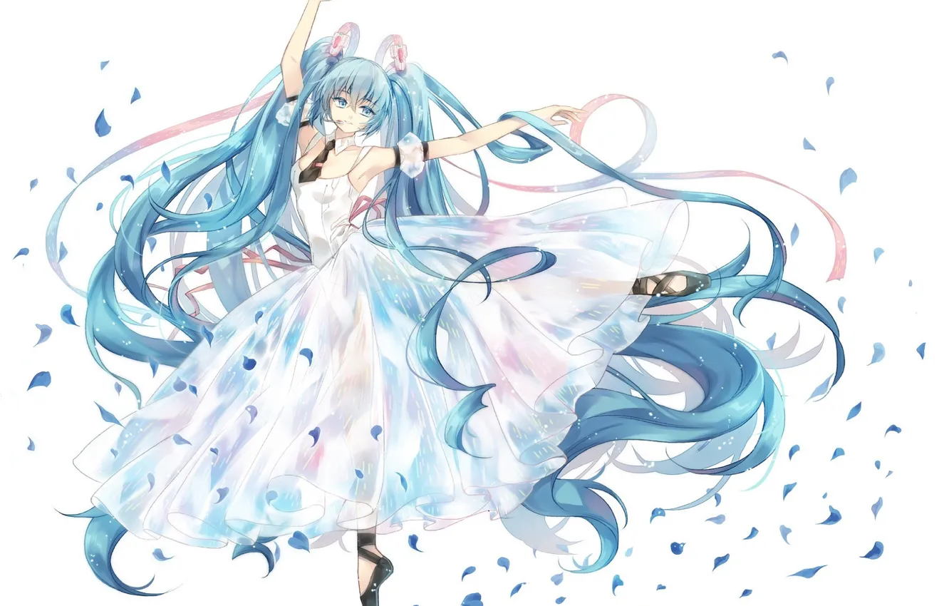 Photo wallpaper dance, ballerina, vocaloid, Hatsune Miku, long hair, Vocaloid, blue hair, rose petals