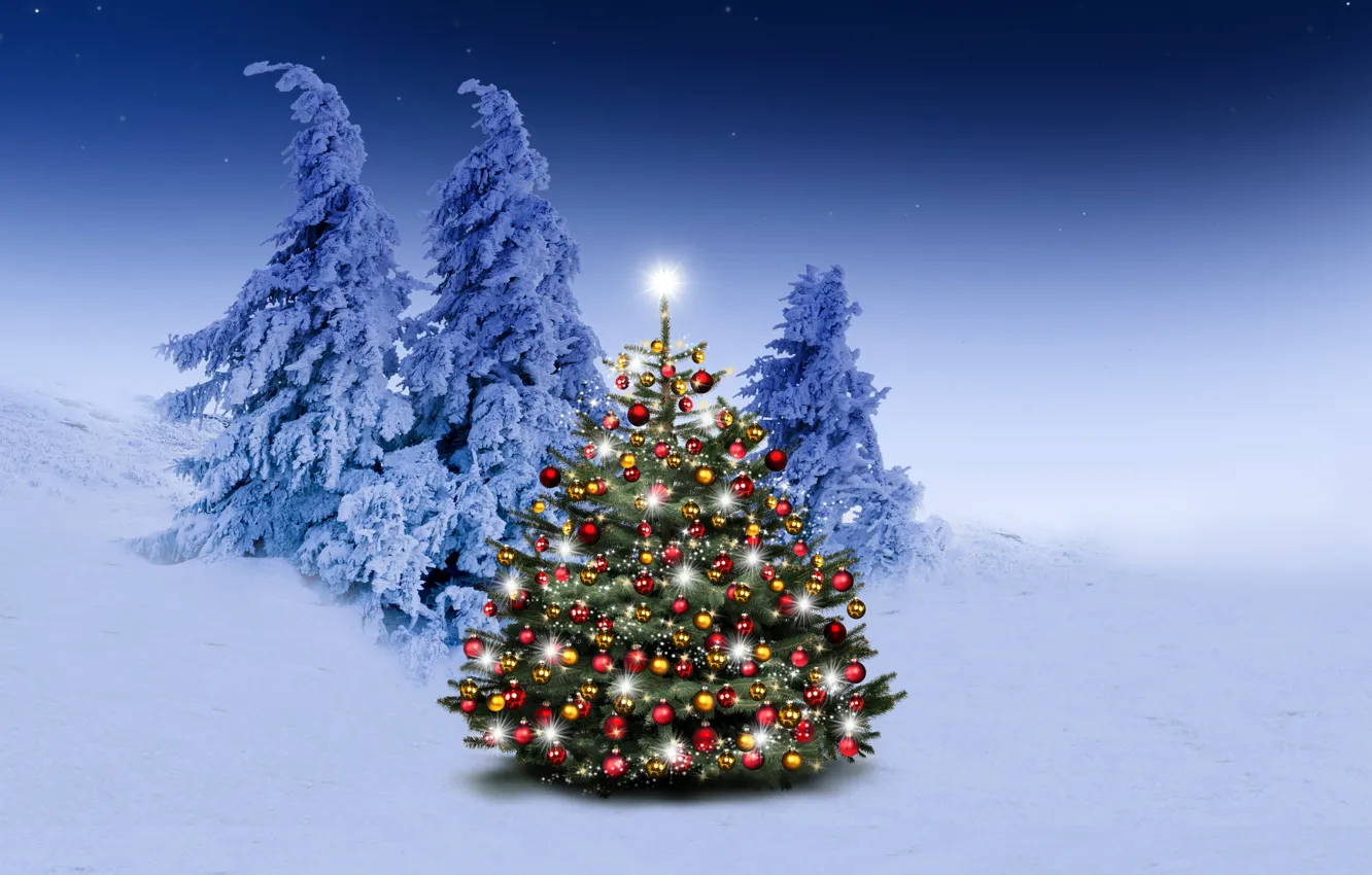 Photo wallpaper winter, snow, decoration, snowflakes, balls, tree, new year, Christmas