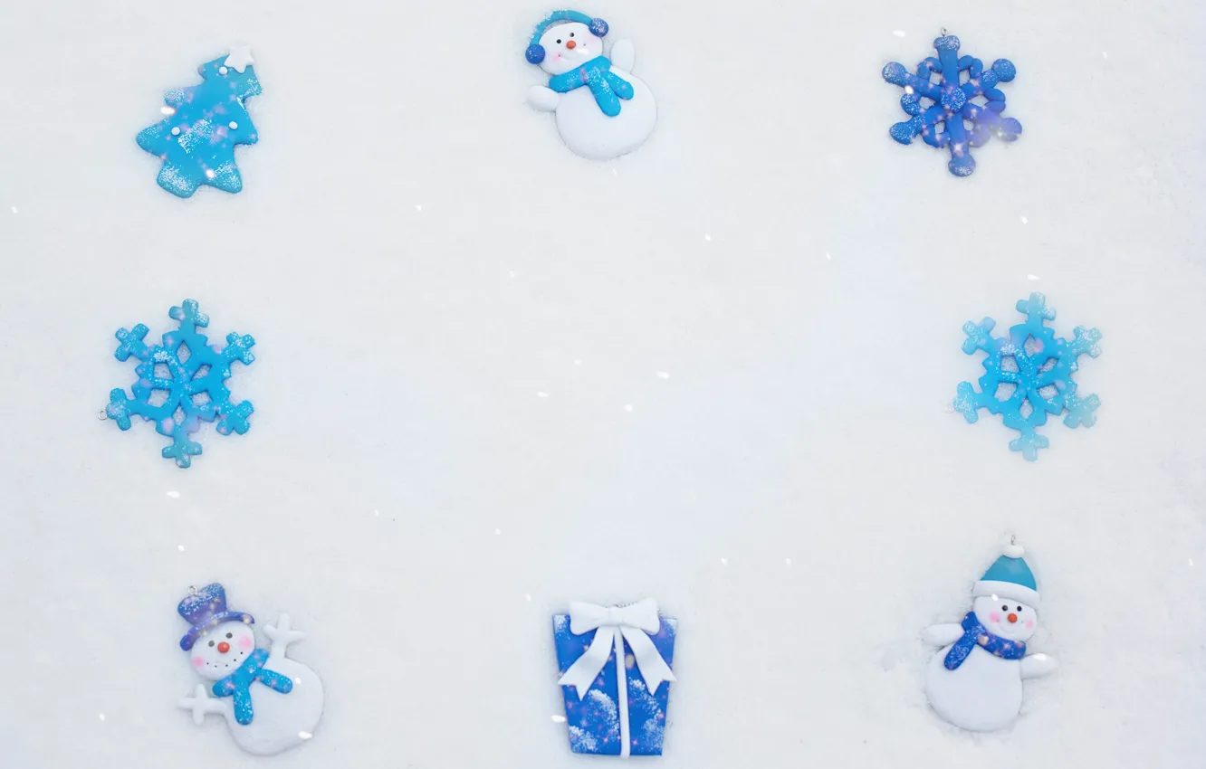 Photo wallpaper winter, snow, snowflakes, box, gift, toys, blue, Christmas