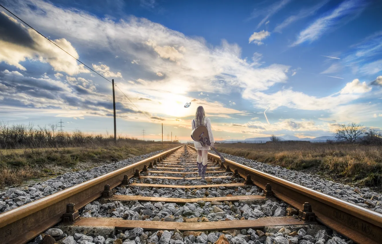 Photo wallpaper clouds, butterfly, railroad, clouds, girl with guitar, blue sky, a solitary figure, a lonely figure