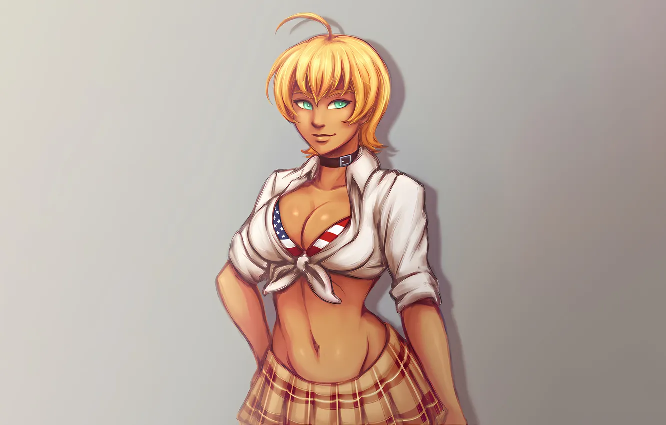 Photo wallpaper girl, sexy, bra, cleavage, school uniform, green eyes, boobs, sexy girl