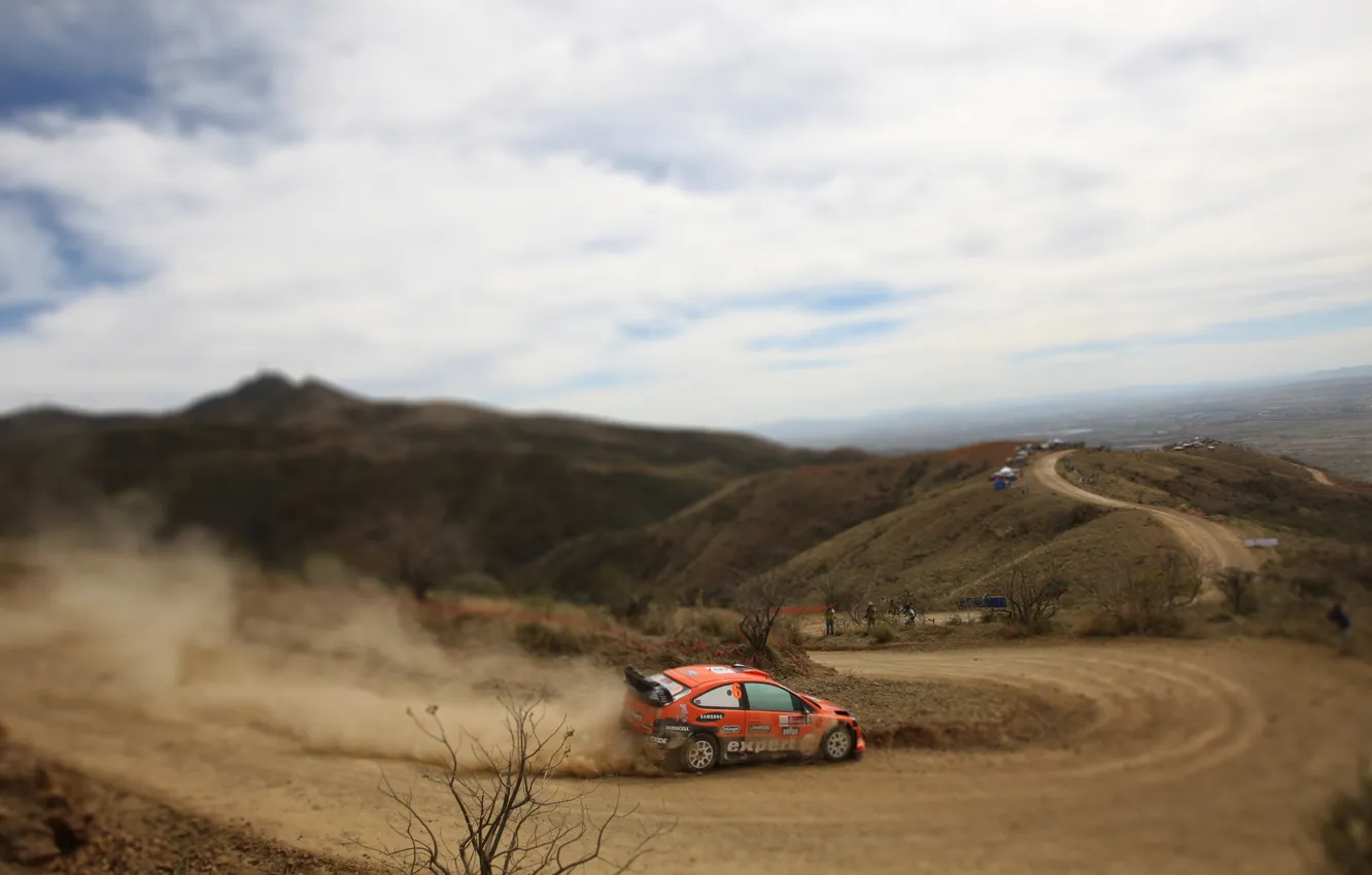Photo wallpaper road, machine, orange, Ford, blur, dust, Rally, tilt- shift