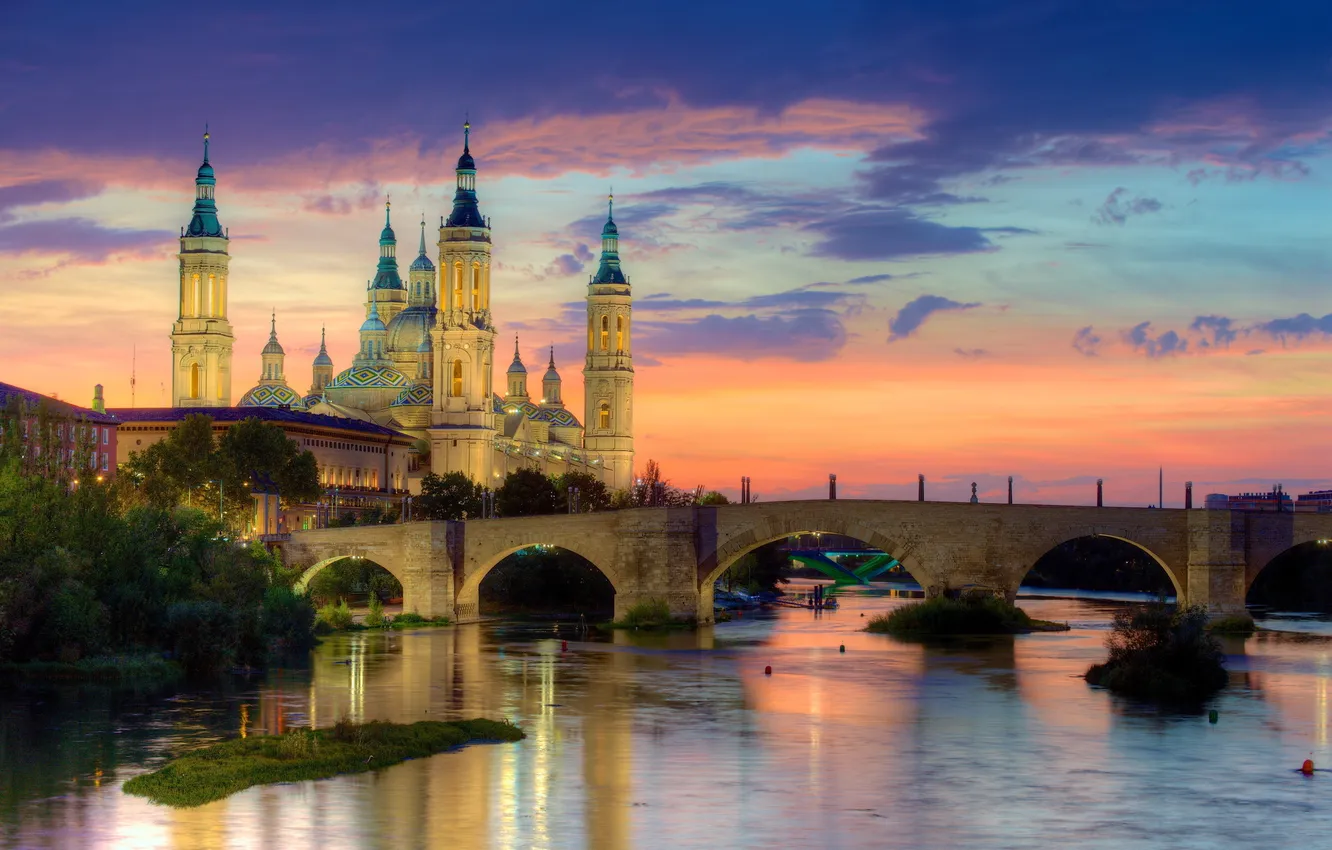 Photo wallpaper sunset, bridge, the city, river, photo, dawn, Spain, Zaragoza
