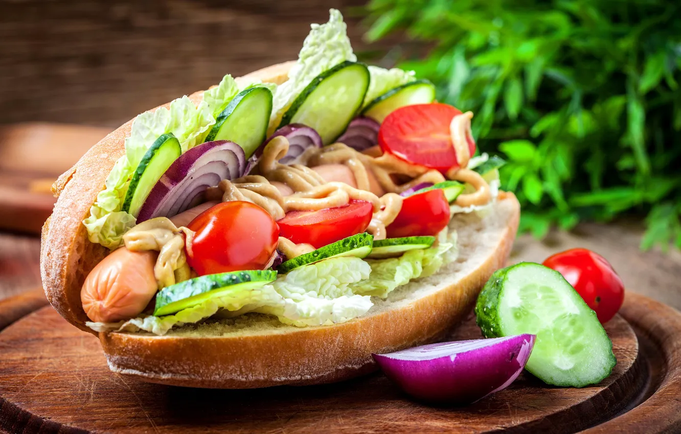 Photo wallpaper sausage, tomatoes, sauce, cucumbers, salad, buns
