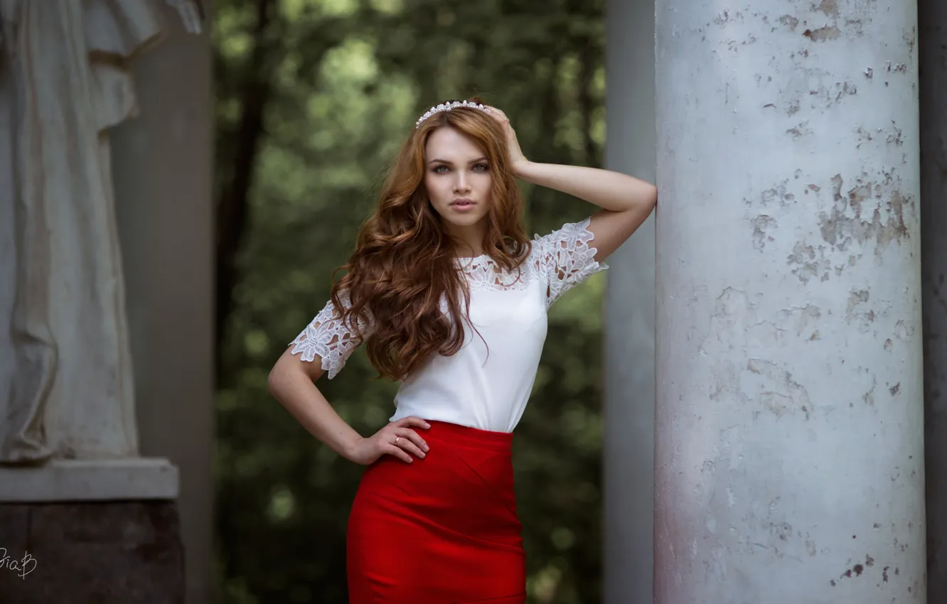 Photo wallpaper white, girl, red, pose, posts, skirt, portrait, ring