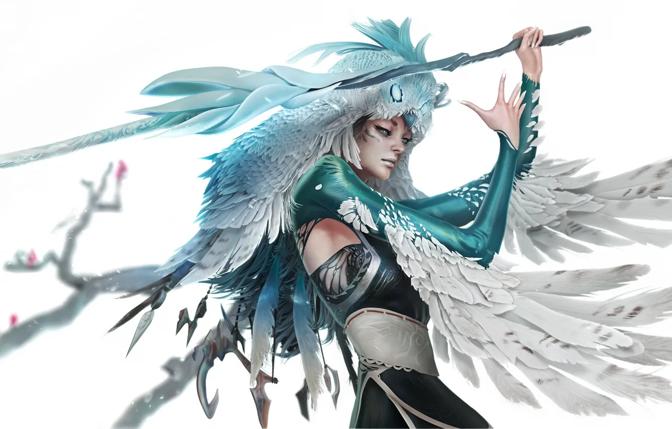 Photo wallpaper girl, weapons, feathers, profile